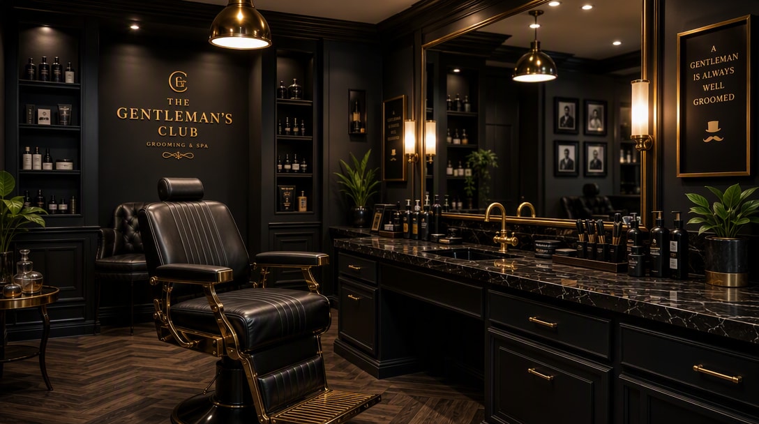 Sala da barbearia com poltrona de couro e bancada de mármore
